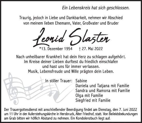 Traueranzeige von Leonid Slasten von Hersbrucker Zeitung