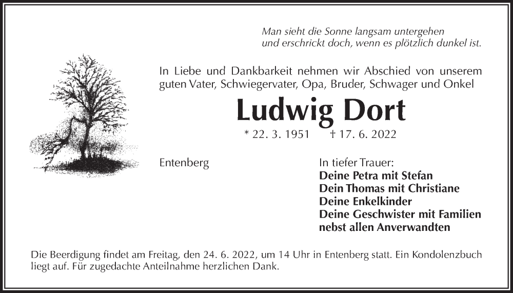  Traueranzeige für Ludwig Dort vom 22.06.2022 aus Der Bote