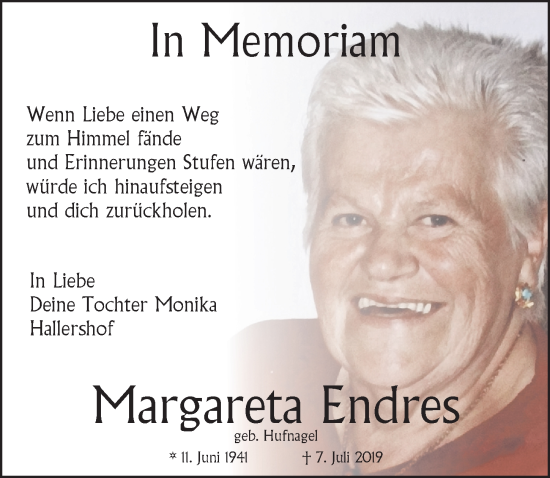 Traueranzeige von Margareta Endres von Hersbrucker Zeitung