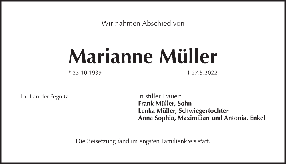  Traueranzeige für Marianne Müller vom 25.06.2022 aus Pegnitz-Zeitung