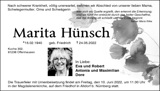 Traueranzeige von Marita Hünsch von Der Bote