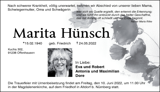 Traueranzeige von Marita Hünsch von Hersbrucker Zeitung