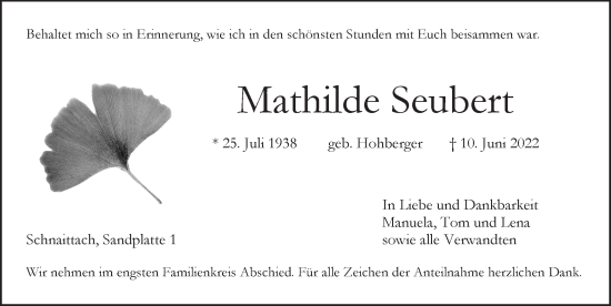 Traueranzeige von Mathilde Seubert von Pegnitz-Zeitung