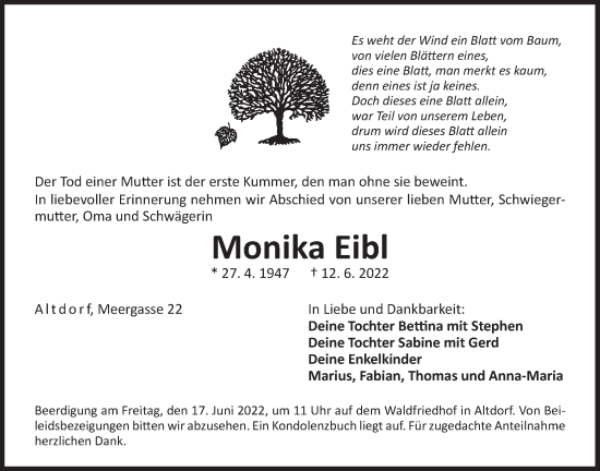 Traueranzeige von Monika Eibl von Der Bote