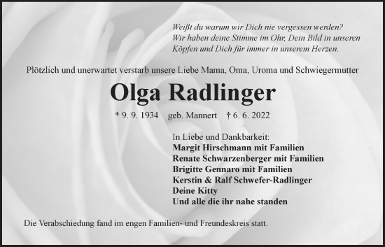 Traueranzeige von Olga Radlinger von Der Bote