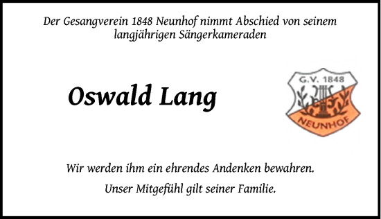 Traueranzeige von Oswald Lang von Pegnitz-Zeitung