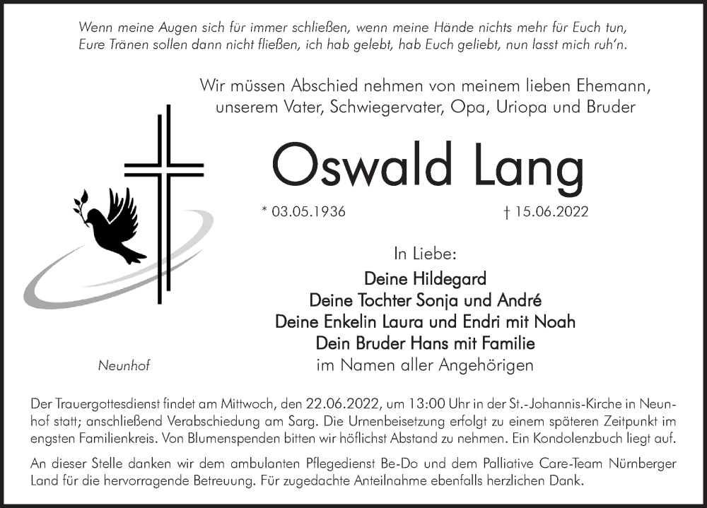  Traueranzeige für Oswald Lang vom 18.06.2022 aus Pegnitz-Zeitung
