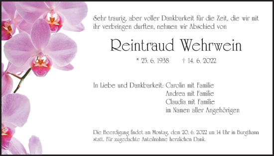 Traueranzeige von Reintraud Wehrwein von Der Bote