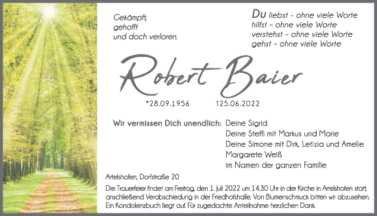 Traueranzeige von Robert Baier von Hersbrucker Zeitung