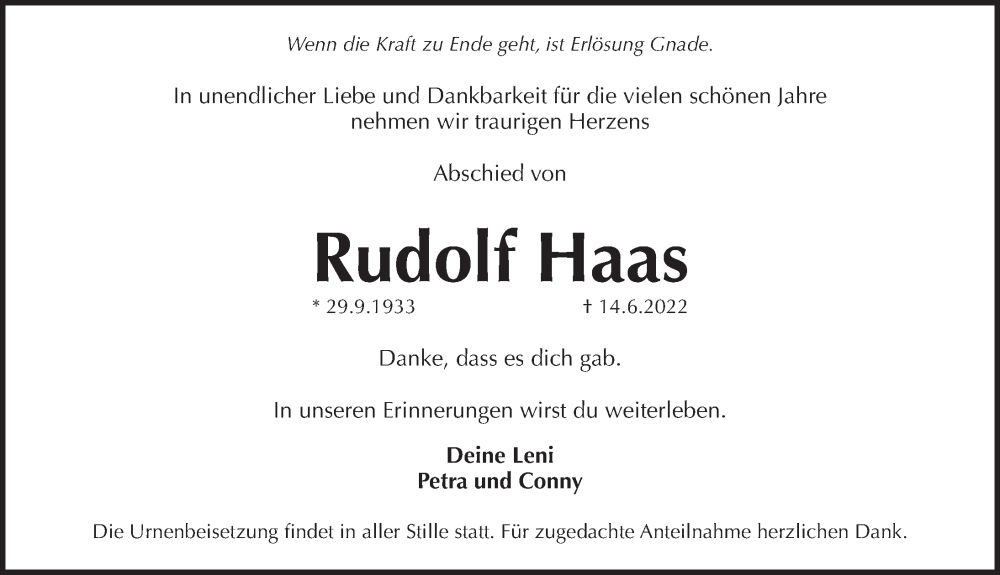  Traueranzeige für Rudolf Haas vom 18.06.2022 aus Pegnitz-Zeitung
