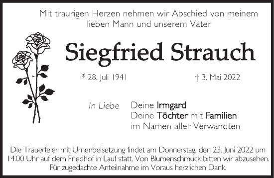 Traueranzeige von Siegfried Strauch von Pegnitz-Zeitung