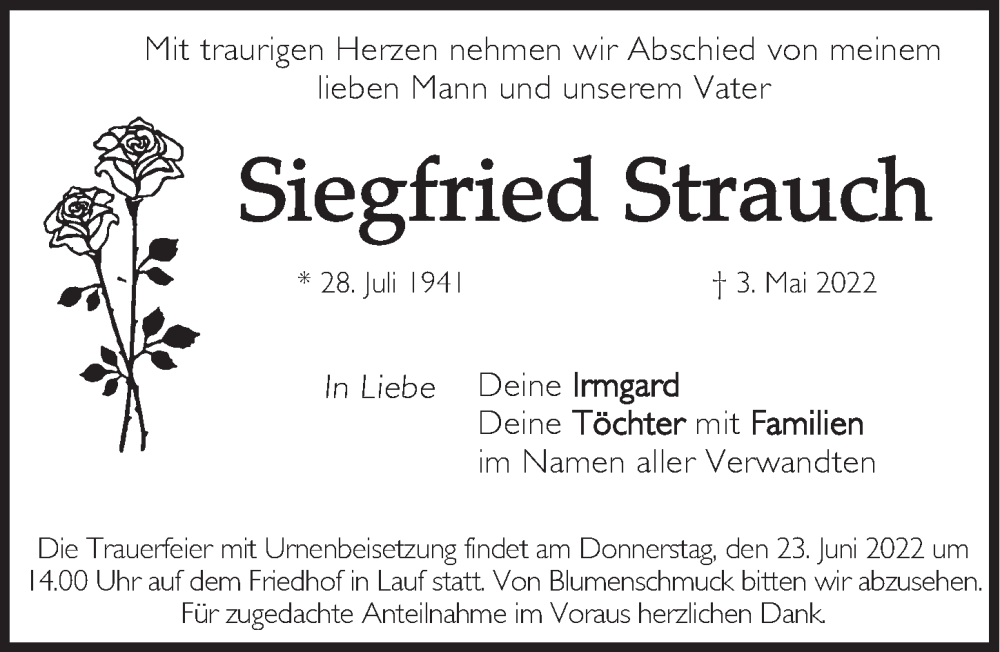 Traueranzeige für Siegfried Strauch vom 18.06.2022 aus Pegnitz-Zeitung