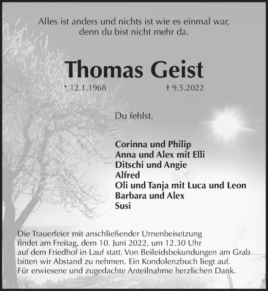 Traueranzeige von Thomas Geist von Pegnitz-Zeitung