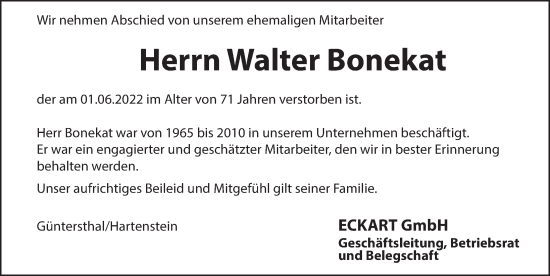 Traueranzeige von Walter Bonekat von Hersbrucker Zeitung