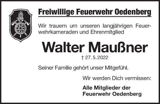 Traueranzeige von Walter Maußner von Pegnitz-Zeitung