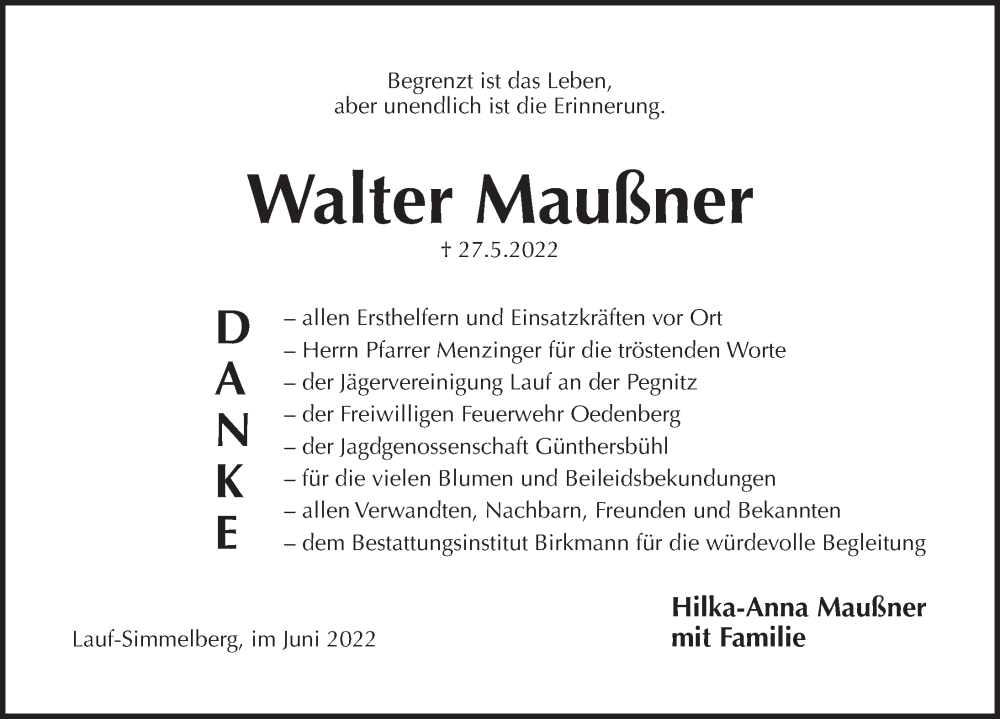 Traueranzeige für Walter Maußner vom 11.06.2022 aus Pegnitz-Zeitung