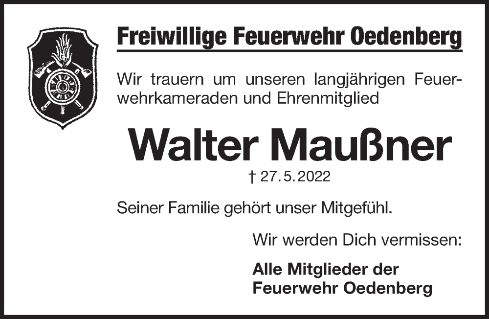  Traueranzeige für Walter Maußner vom 01.06.2022 aus Pegnitz-Zeitung