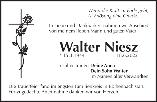 Traueranzeige von Walter Niesz von Pegnitz-Zeitung