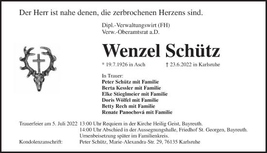 Traueranzeige von Wenzel Schütz von Pegnitz-Zeitung