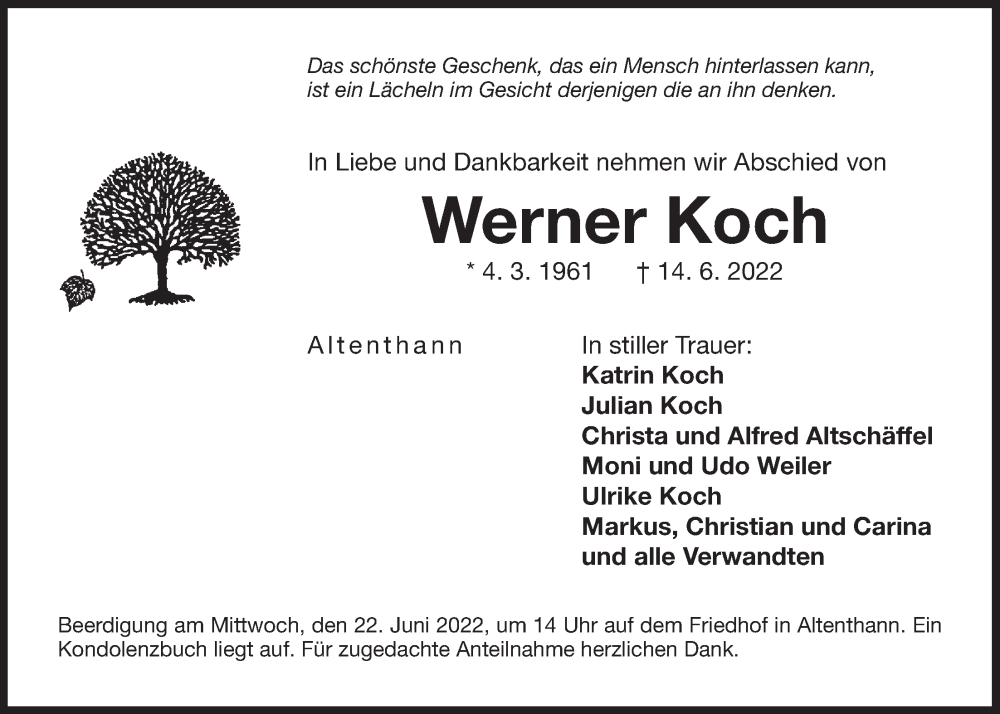  Traueranzeige für Werner Koch vom 18.06.2022 aus Der Bote