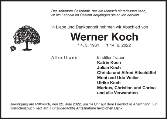 Traueranzeige von Werner Koch von Der Bote