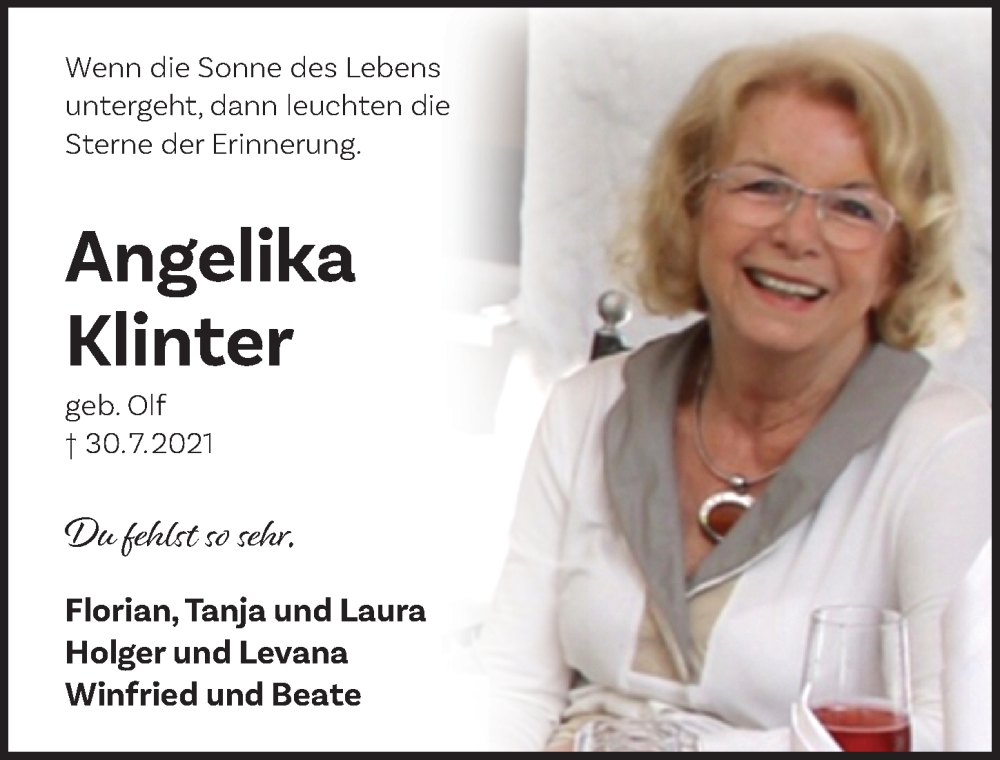  Traueranzeige für Angelika Klinter vom 30.07.2022 aus Pegnitz-Zeitung