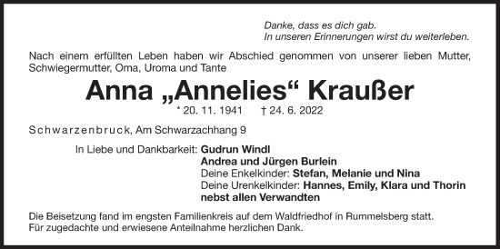 Traueranzeige von Anna Kraußer von Der Bote