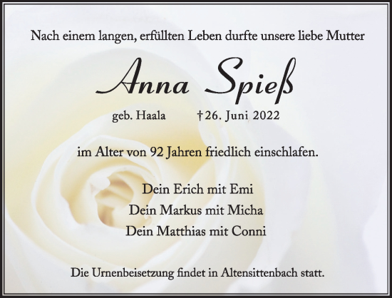 Traueranzeige von Anna Spieß von Hersbrucker Zeitung Lokal