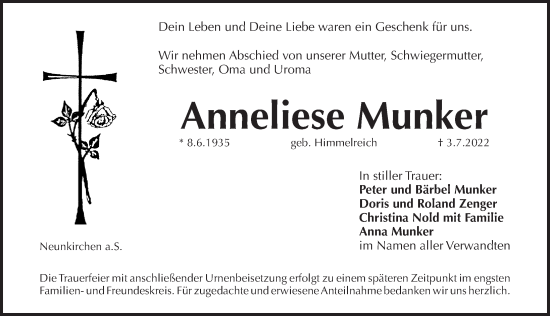 Traueranzeige von Anneliese Munker von Pegnitz-Zeitung