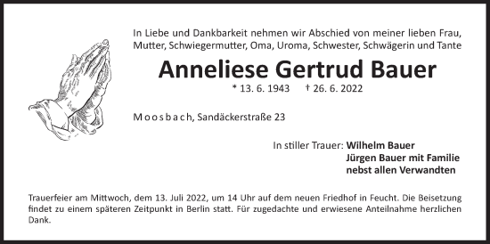 Traueranzeige von Anneliese Gertrud Bauer von Der Bote