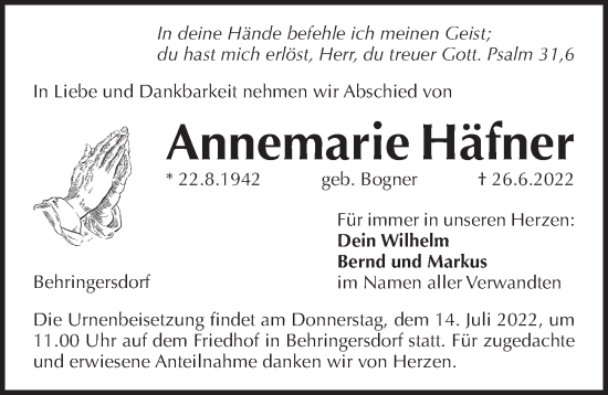 Traueranzeige von Annemarie Häfner von Pegnitz-Zeitung