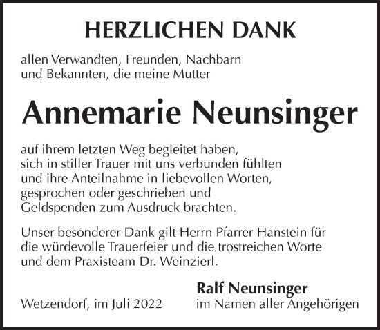 Traueranzeige von Annemarie Neunsinger von Pegnitz-Zeitung