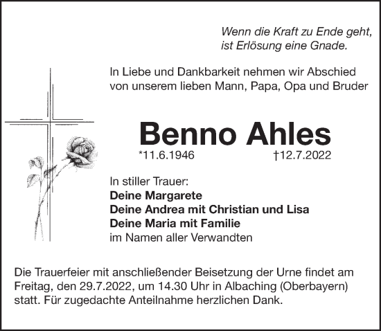 Traueranzeige von Benno Ahles von Pegnitz-Zeitung