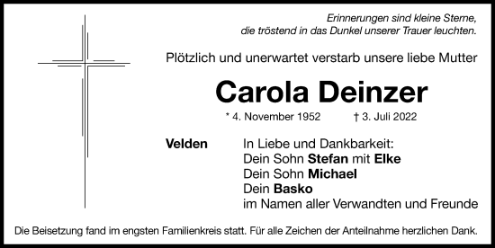 Traueranzeige von Carola Deinzer von Hersbrucker Zeitung Lokal
