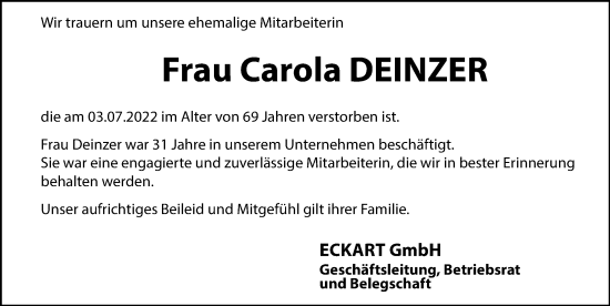 Traueranzeige von Carola Deinzer von Hersbrucker Zeitung Lokal