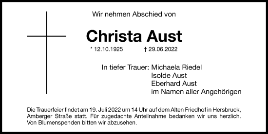 Traueranzeige von Christa Aust von Hersbrucker Zeitung Lokal