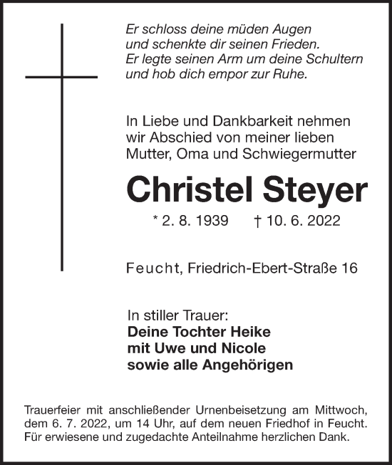 Traueranzeige von Christel Steyer von Der Bote