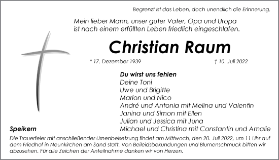 Traueranzeige von Christian Raum von Pegnitz-Zeitung