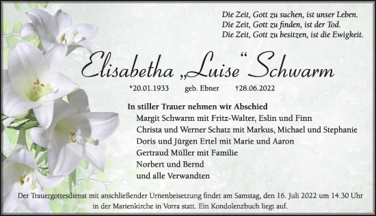 Traueranzeige von Elisabetha Schwarm von Hersbrucker Zeitung Lokal