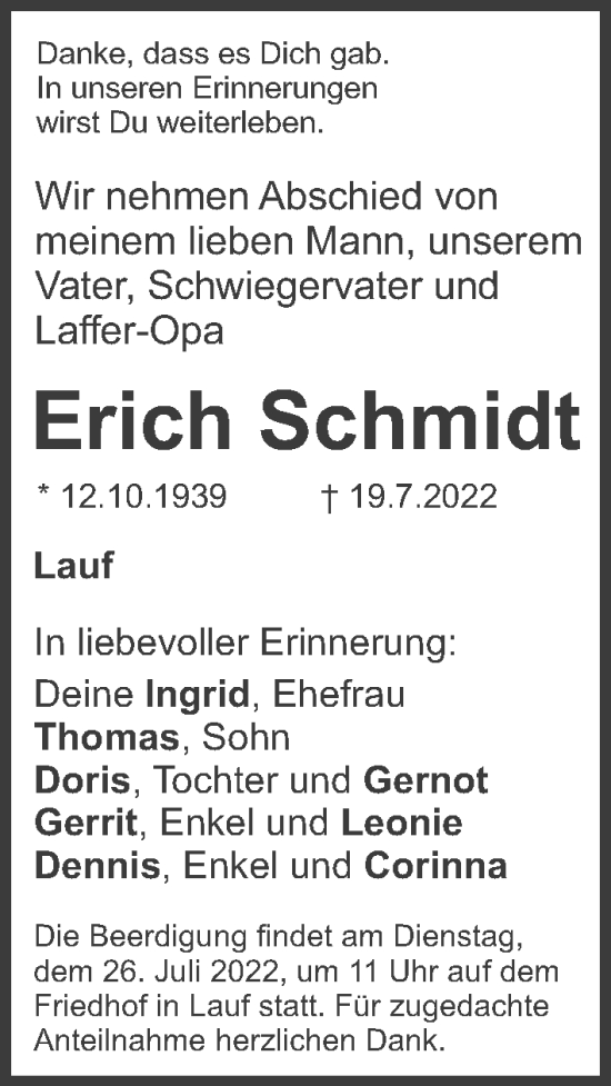 Traueranzeige von Erich Schmidt von Pegnitz-Zeitung