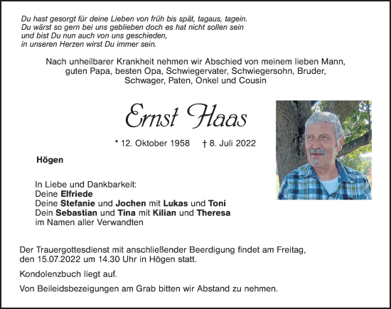 Traueranzeige von Ernst Haas von Hersbrucker Zeitung Lokal