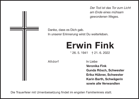 Traueranzeige von Erwin Fink von Der Bote