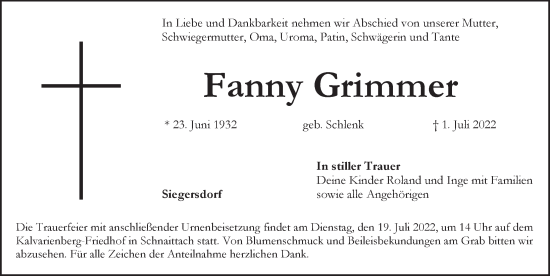 Traueranzeige von Fanny Grimmer von Pegnitz-Zeitung