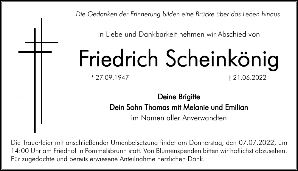  Traueranzeige für Friedrich Scheinkönig vom 02.07.2022 aus Hersbrucker Zeitung Lokal