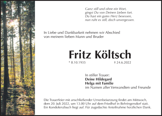 Traueranzeige von Fritz Költsch von Pegnitz-Zeitung