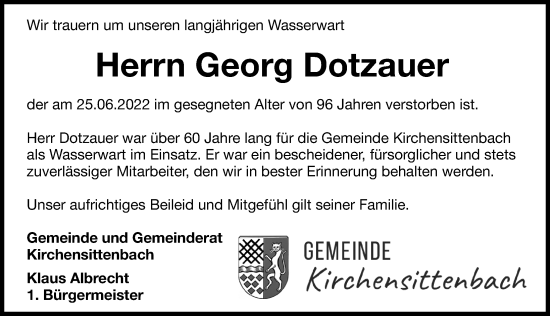 Traueranzeige von Georg Dotzauer von Hersbrucker Zeitung Lokal