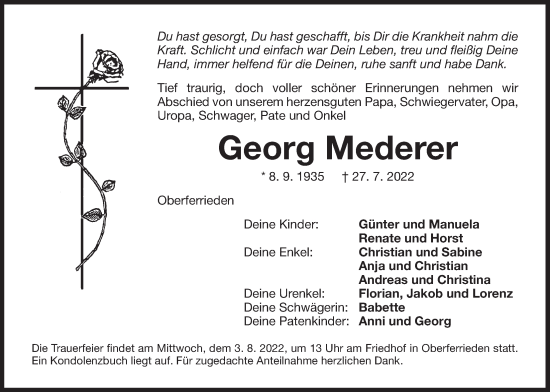 Traueranzeige von Georg Mederer von Der Bote