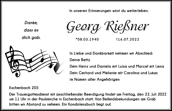 Traueranzeige von Georg Rießner von Hersbrucker Zeitung Lokal