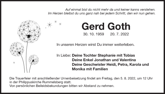 Traueranzeige von Gerd Goth von Der Bote