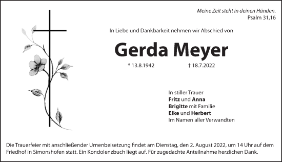 Traueranzeige von Gerda Meyer von Pegnitz-Zeitung